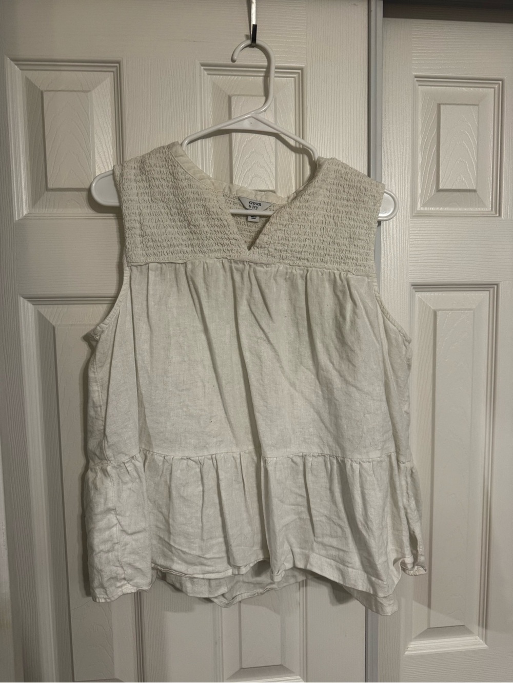 crown & ivy Cream Smocked Yoke Sleeveless Peplum Tank